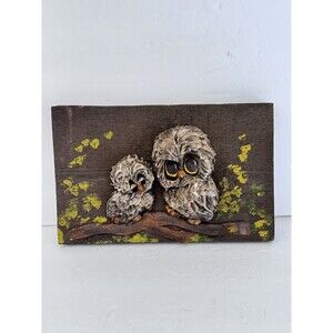 Vintage 1970s Owl Palette Knife Sculpture 3D Wall Art Two Owls Wooden Plank